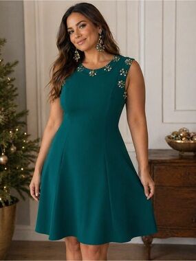 BADGLEY MISCHKA Bold Green and Sequins Beaded Neckline NEW WITH TAGS